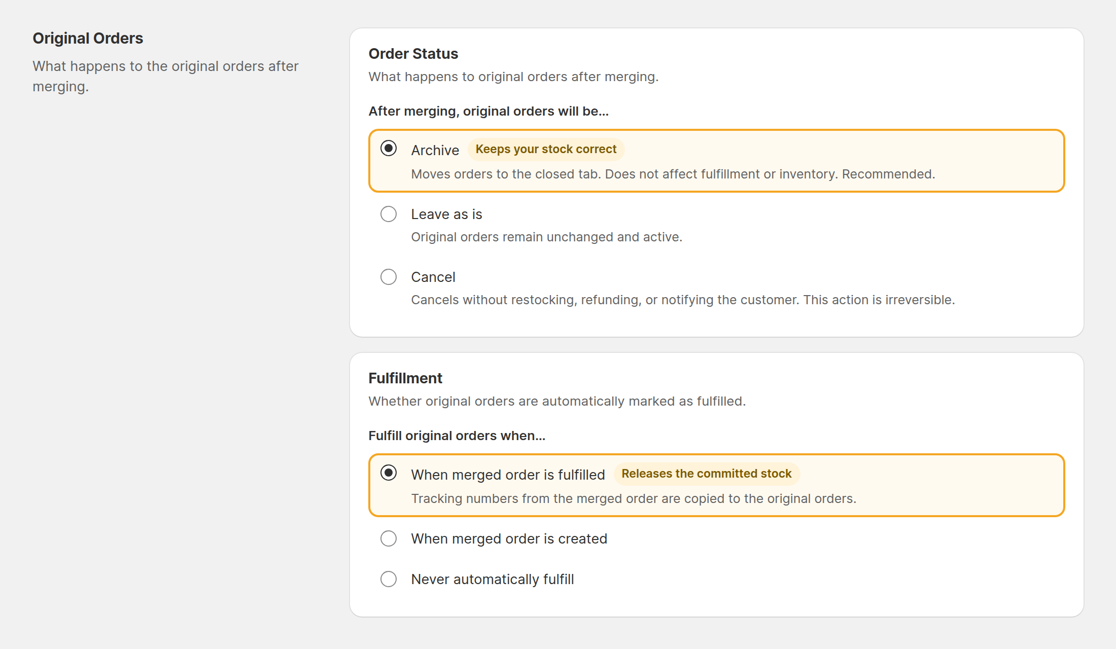 MergeIt settings: Order Status set to Archive and Fulfillment set to "When merged order is fulfilled"